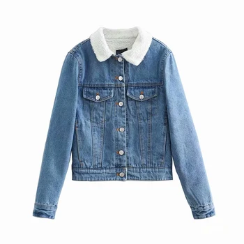 

Autumn and winter warm light blue denim jacket 2019 new girls lamb hair lining short lapel Korean casual wild fashion denim ja