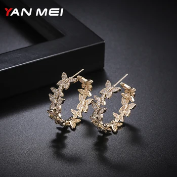 

YAN MEI Butterfly Earrings Hoops Exaggerated Creative Gold Round Circle Luxurious Huggie Women's Cubic Zirconia Earring GLE9410