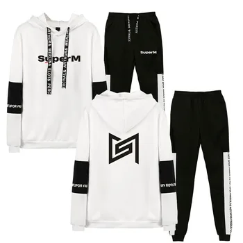 

SuperM Korean Stylish Kpop Harajuku Printed Two-piece Sweatshirt Sets Hoodie sweatshirt+ Pant Raglan Sports Sweatshirt Set