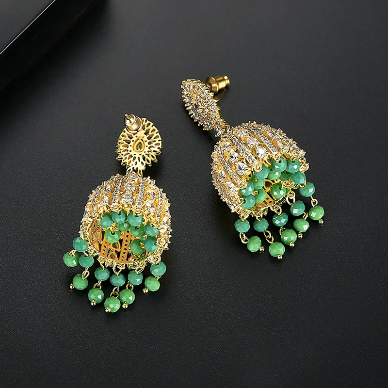 Женская праздничная одежда, винтажные золотые индийские серьги Jhumka, модные ювелирные изделия, Дубай, роскошные свадебные серьги с кристаллами, серьги-гвоздики с кисточками