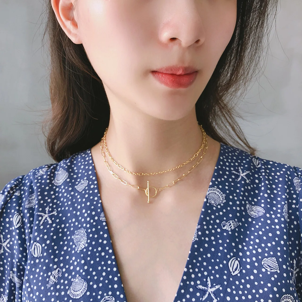 

Online Celebrity Style Korean-style Accessories Europe And America 925 Sterling to Buckle Western Style shuang ceng lian Necklac