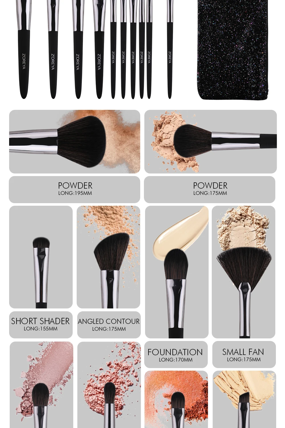 ZOREYA Makeup Brush Set 10pcs Cosmetic Brush Powder Foundation Blush and Eye Brushes