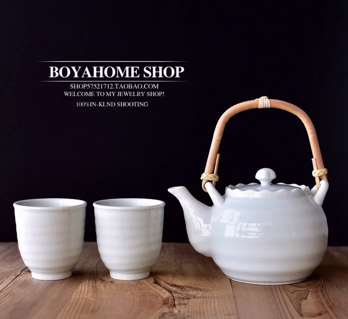 

Japanese celadon fresh ceramic teapot tea pot cup set porcelain flowers tea set white simple teaware bamboo tray plate
