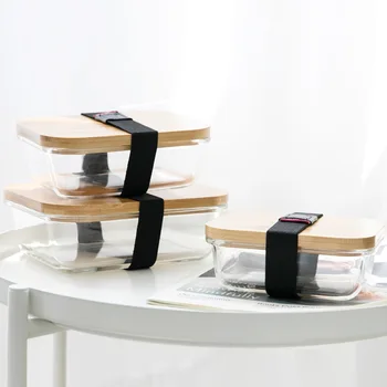 

Household Glass Lunch Box Bamboo Wood Cover Fresh Bowl Storage Box Portable Microwave Students Picnic Bento Food Container