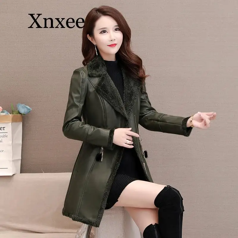 Women Leather Windbreaker Plus Velvet Thick PU Leather Cotton Coat Long Suit Collar Large Size Fashion Warm Leather Jacket