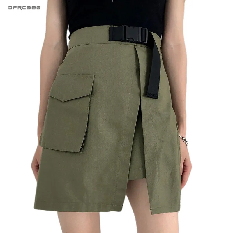 Необычные армейские зеленые женские шорты, юбка с карманами, высокая талия, летняя винтажная Женская юбка-карго, короткая женская юбка