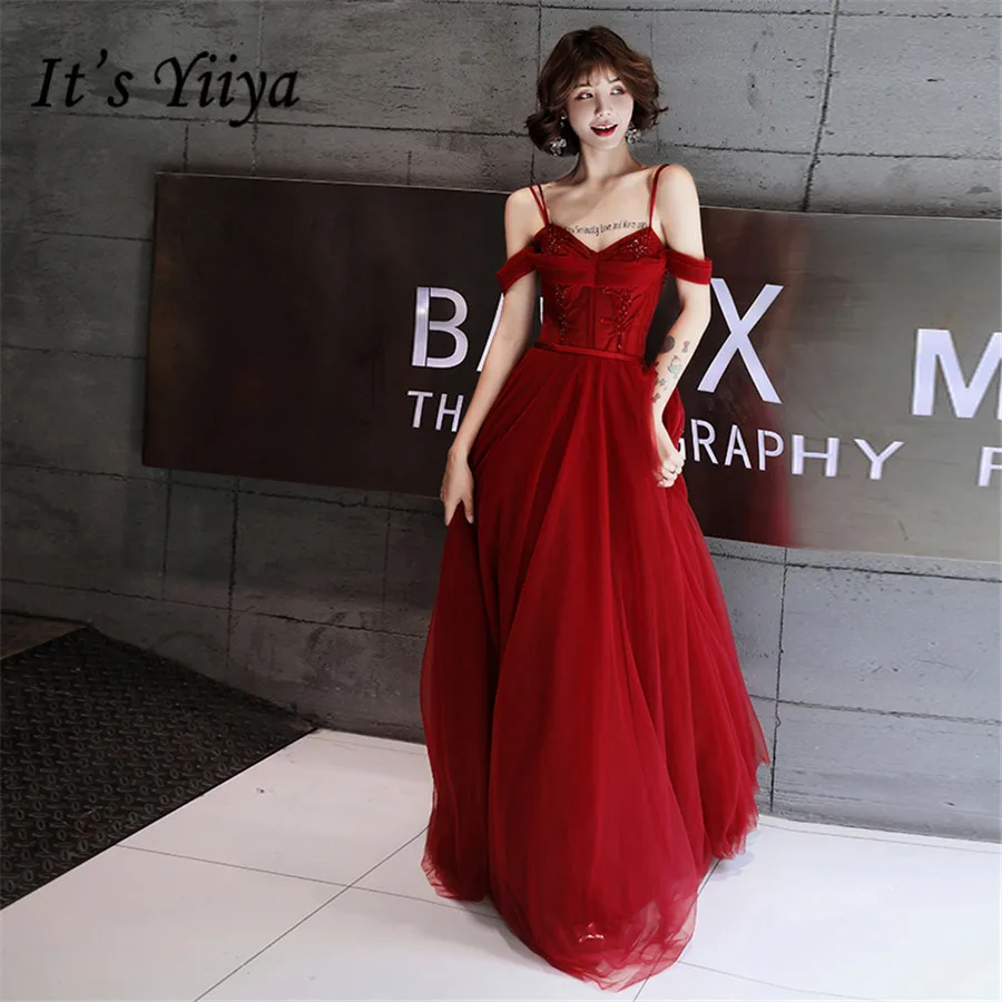 It's Yiiya Evening Dresses Burgundy Boat Neck Sling Formal Dress Elegant Beading Long Plus Size robe de soiree E1281 - Цвет: Бургундия