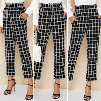 

Trendy Women's Ankle-Length Pants High Waist Plaid Check Print Women Trousers Ladies Skinny Pencil Pants Elastic Trousers Femm