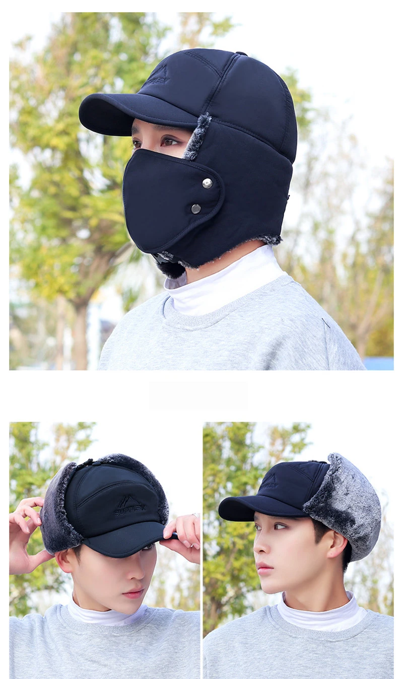 Trendy Bomber Hats Soft Autumn Winter Windproof Hat Cycling Ski Ear Protection Caps With Masks Thicken Lei Feng Cap Men Women men's bomber hats