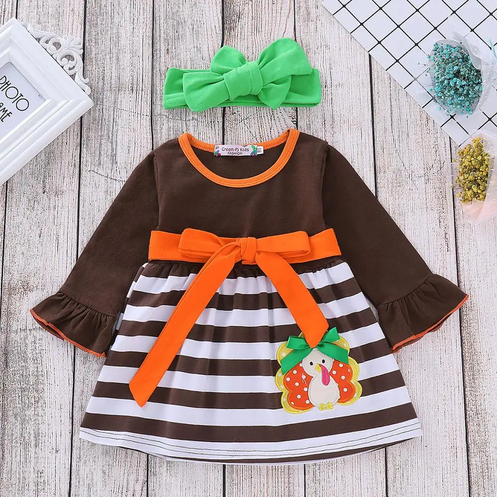 

Thanksgiving Toddler Kids Girl Turkey Dress Autumn Fashion Long Sleeve Striped Cartoon Dress Green Headband Girls Casual Outfit