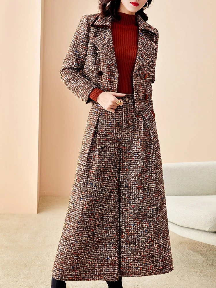 Herfst winter Kantoor dame nieuwe High-end wollen pak mode Hoge taille korte jas Wijde pijpen broek Boutique Twee stuk vrouwen set Herfst winter Kantoor dame nieuwe High-end wollen pak mode Hoge taille korte jas Wijde pijpen broek Boutique Twee stuk vrouwen set
