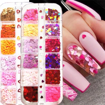 12 Grids/box Laser Love Heart Butterfly Nail Sequins Mixed Color Sparkle Nail Glitter Flakes 3D Nail Art Decorations Accessories 1