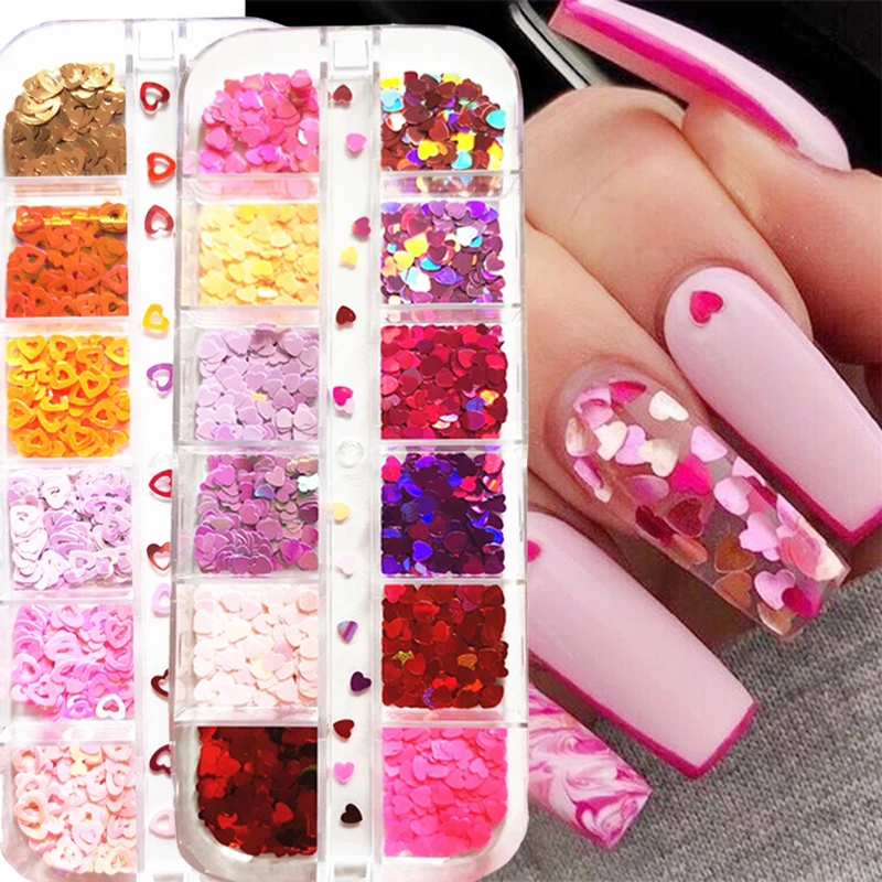 12 Grids/box Laser Love Heart Butterfly Nail Sequins Mixed Color Sparkle Glitter Flakes 3D Art Decorations Accessories | Красота и
