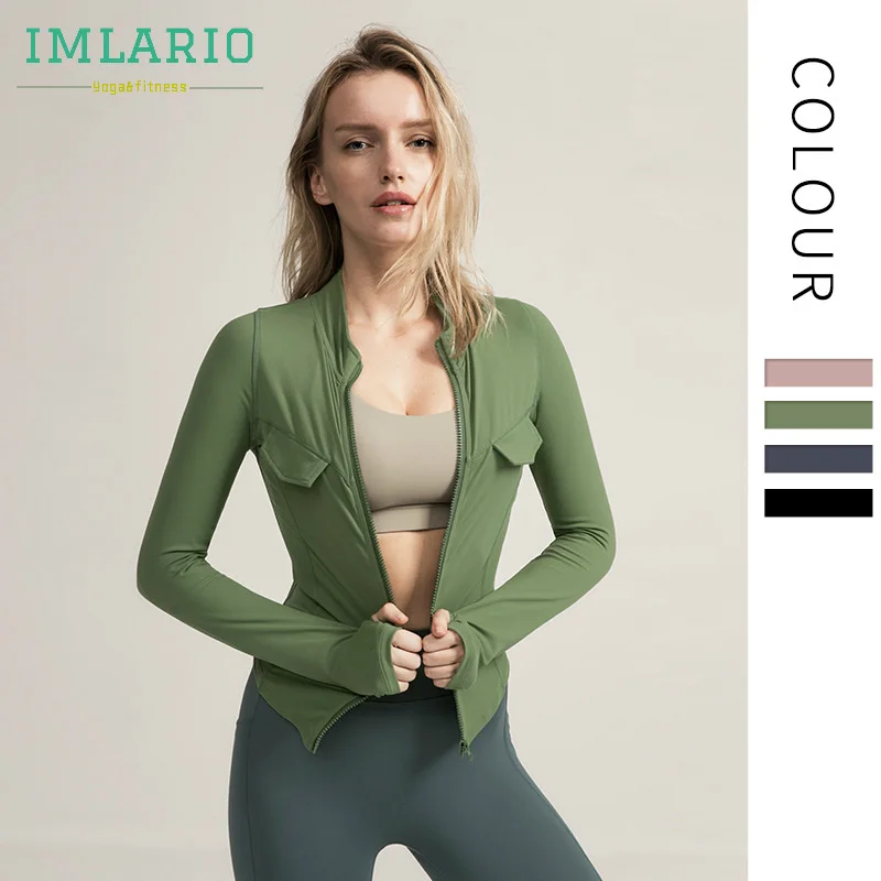 Imlario Stand Collar Sports Track Jacket Zipped Women Slim Fit Running Yoga Jacket Stretchy Workout Activewear with Thumb Holes