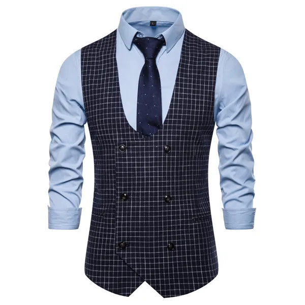 Brand Suit Vest Men Fashion Plaid Business Causal Vest Waistcoat Men Slim Double Breasted Sleeveless Vests Chaleco Hombre - Цвет: navy