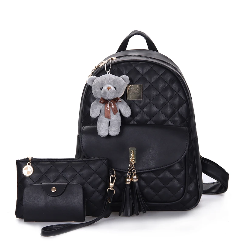

3 Pcs Bear Backpack Women Bag Diamond Lattice School Bags For Girls Backpacks 2019 New Tassel Shoulder Sac A Dos
