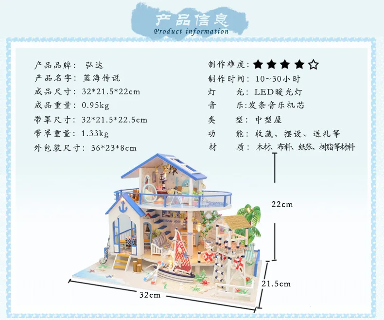 Hoomeda-diy DIY Hut Blue Ocean Legend Handmade House Architecture Model Assembled Villa Creative Gifts Handmade Gift