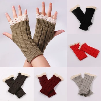 

Winter Women Combing Fine Wool Knitted Lace Up Fingerless Gloves Solid Color Thick Soft Arm Warmers Thumb-hole Sleeves Gloves