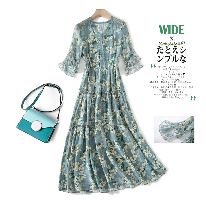 

High Quality Summer Dress for Women Elegant 2021 100% Silk Long Dress Female Korean Fashion Ladies Dresses Robe Femme Pph4957