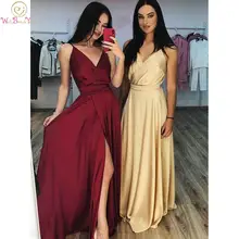 Элегантное Длинное выпускное платье цвета Бургунди золото Выпускной Вечеринка Формальные платья эластичный атлас спереди Сплит V образным вырезом Спагетти ремень