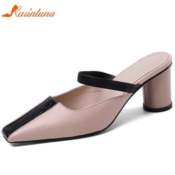 

Karinluna Hot Sale 2020 Genuine Leather Strange Style Slip-On High Heels Mix Color Slip On Summer Shoes Woman Pumps Mules