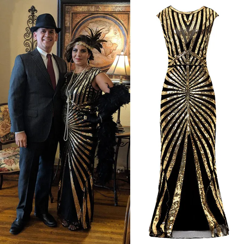 Black Gold Dress Женское длинное платье для выпускного вечера 1920s в бусинах и пайетках, винтажное Макси-свадебное платье Gatsby(черное/розовое/зеленое/серебряное - Цвет: Black Gold Dress