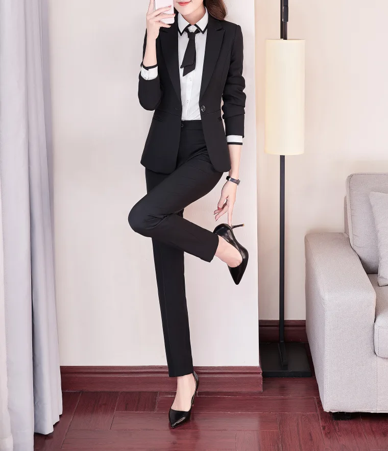 Высокое качество Зимний женский костюм темперамент Повседневный с длинным рукавом Тонкий Большой размер синий Блейзер брюки костюм офисный костюм женский