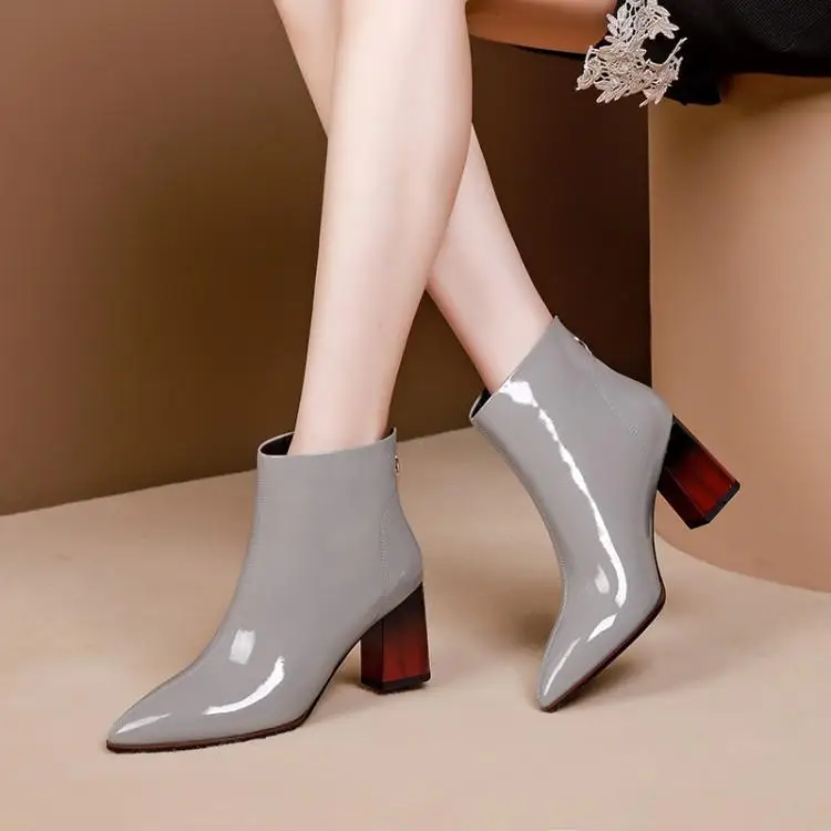 

Short boots female boots, leather single fall thick with high heels cattle paint pointed Martin boots