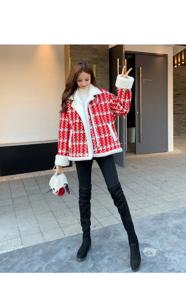 Клетчатое шерстяное пальто осень зима новые твидовые женские утолщенные плюшевый ягненок волосы свободные пальто Студенческие теплые короткие топы женские куртки