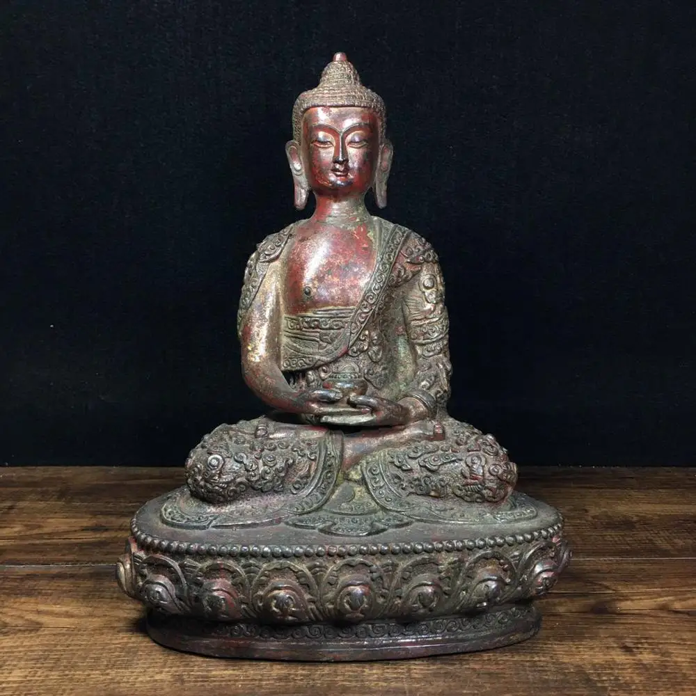 

Home Decor 9" Tibet Buddhism Temple Old Bronze Cinnabars Shakyamuni Buddha Statue Amitabha Enshrine the Buddha