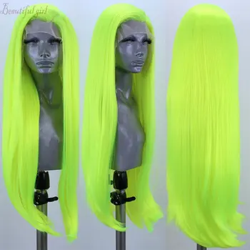

Light Green Long Straight 13*3 Synthetic Lace Front Wig Heat Resistant Fiber Hair Natural Hairline Side Parting For Women Wigs