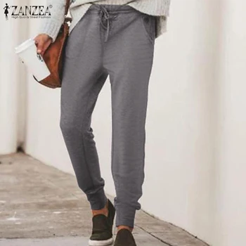 

ZANZEA Fashion Women Casual Pants Autumn Winter Elastic Waist Long Trousers Plus Size Solid Harem Pants Turnip Pencil Pantalon