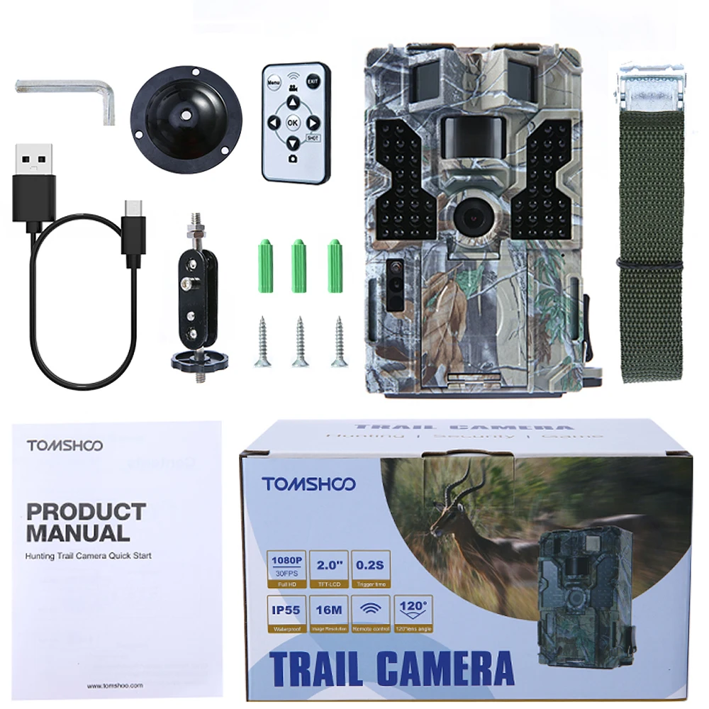 TOMSHOO Trail Camera 20M 1080P 30fps Hunting Camera with IR LEDs Night Vision, 0.2s Trigger Time,Time Lapse, 2.0" LCD Screen