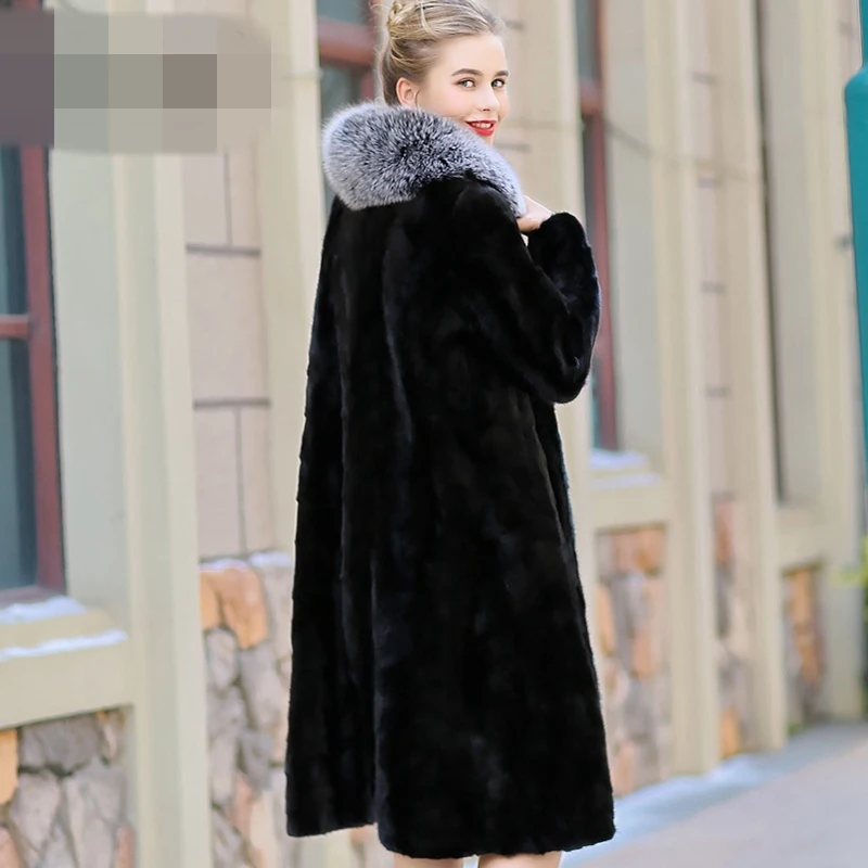 100 см Натуральная норковая шуба куртка Лисий меховой воротник зимняя женская меховая х-длинная верхняя одежда пальто плюс размер 3XL 4XL LF9127