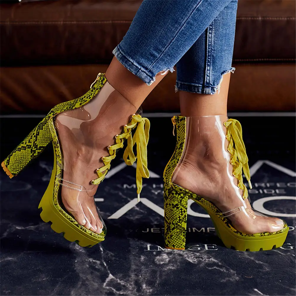 

Doratasia plus Size 42 Transparent Ankle Boots Woman Green Square High Heels Platform Summer Boots Women Shoes Woman Dropship