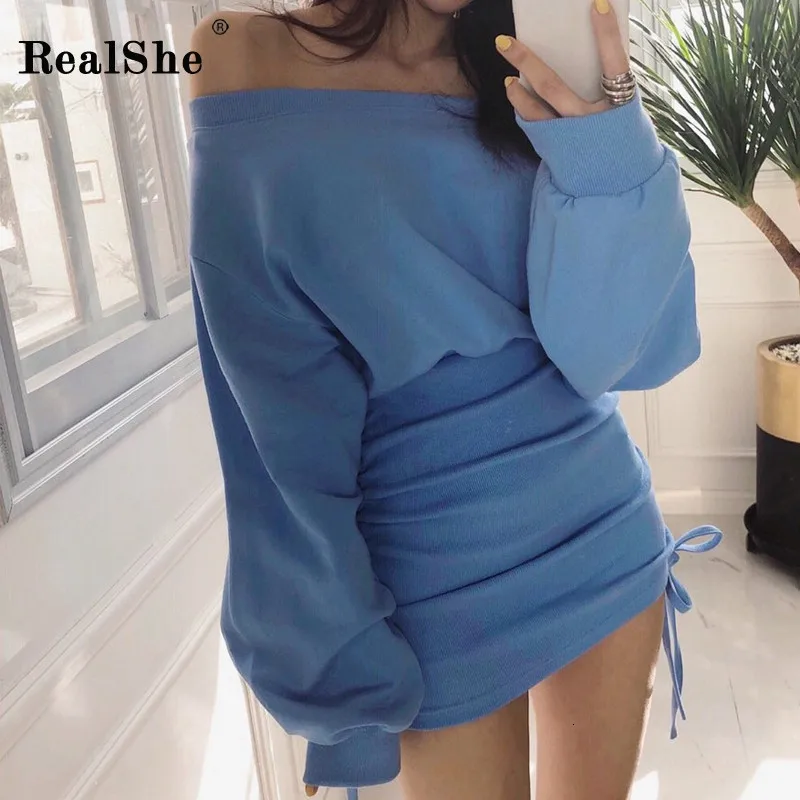 RealShe женское платье, элегантное платье, с круглым вырезом, с длинным с рукавом-фонариком свободные Платья-свитеры Для женщин Элегантный уличная осеннее облегающее мини-платье