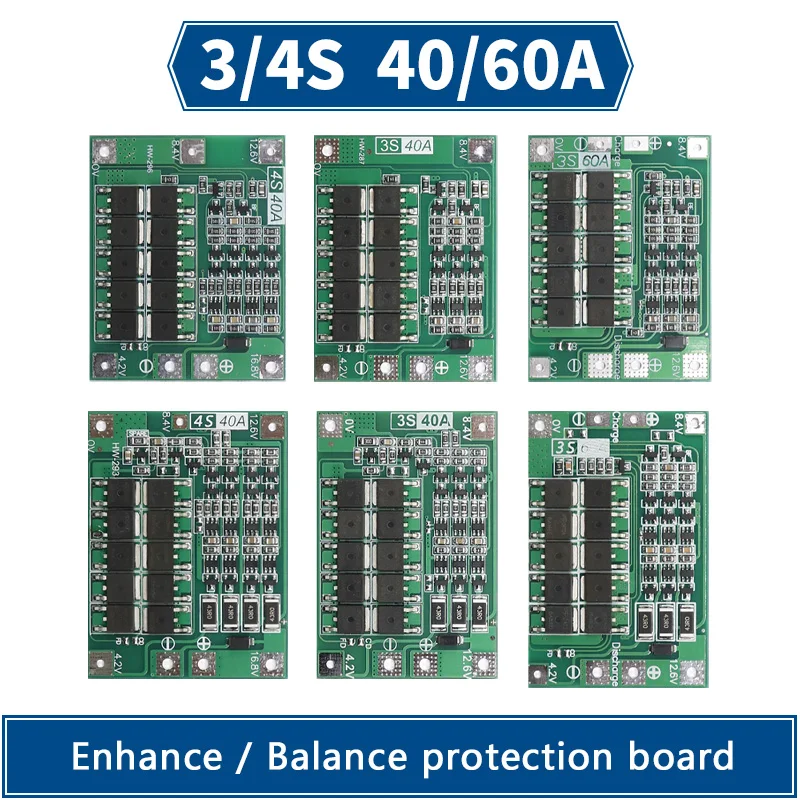 Защитная плата 3S/4S 40A/60A 18650 BMS для зарядки литий-ионных батарей двигателя