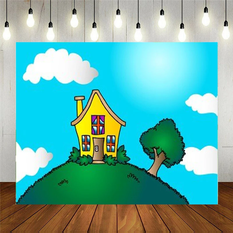 Nitree Photo Studio Puntelli Fondale Fotografico In Vinile Per Bambini Decorazione Di Compleanno Cartoon Yellow House On The Hill Tree