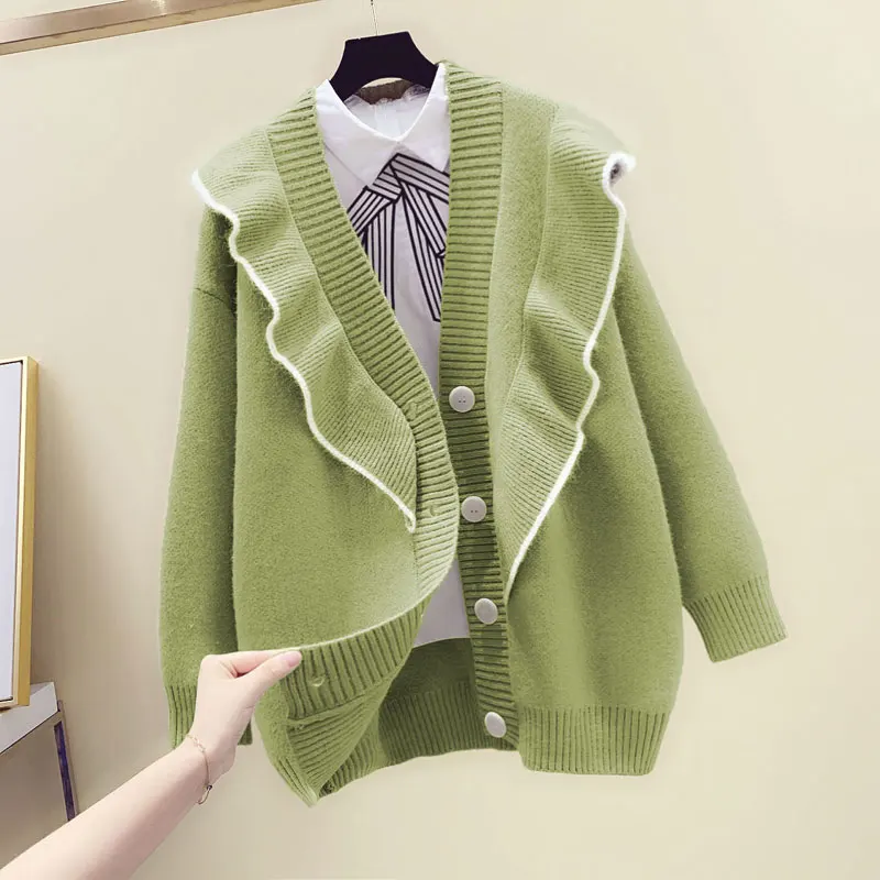 ruffles women sweater and cardigan autumn new solid knitted thicken warm office lady elegant outwear coat tops