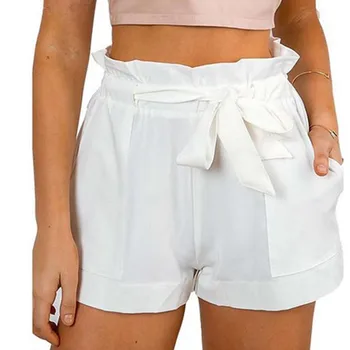 

Women High Waist Shorts Bow Tie Belt Shorts Ladies Summer A-line Hot Loose Solid Color Shorts Mujer Femme Feminine