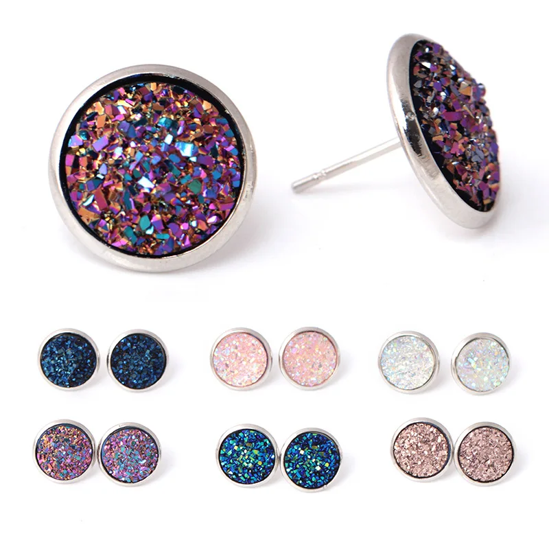 

2019 Simple Fashionable Round Crystal Druzy Drusy Ear Studs Sweet Colorful Sequined Earrings Silver Alloy Women Ear Jewelry
