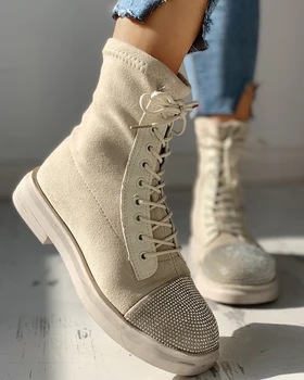 

Suede Studded Eyelet Lace-Up Flat Boots round toe ankle boots flat shoes