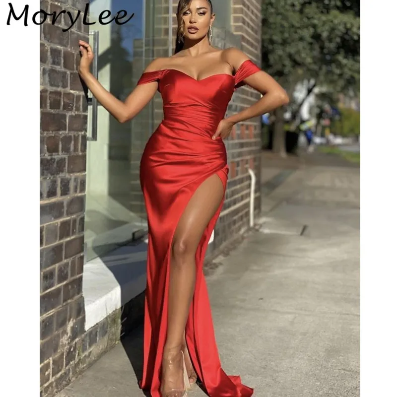 

Prom Dresses Red Off The Shoulder Side Slit Silk Satin Mermaid Prom Dresses With Zipper Back vestidos de fiesta de noche