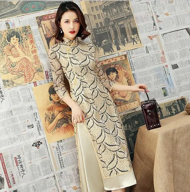 Зеленый Модный кружевной воротник мандарина Aodai традиционное китайское Ципао женское платье винтажное женское сексуальное платье с вышивкой Cheongsam Размер M-3XL - Цвет: Бежевый