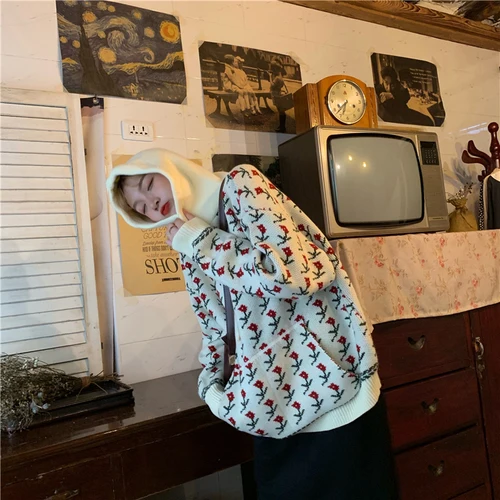 photo color Neploe свитер с цветами длинный рукав с капюшоном шнурок вязаный пуловер Женская одежда осень зима корейский Pull Femme 54141 - Цвет: photo color