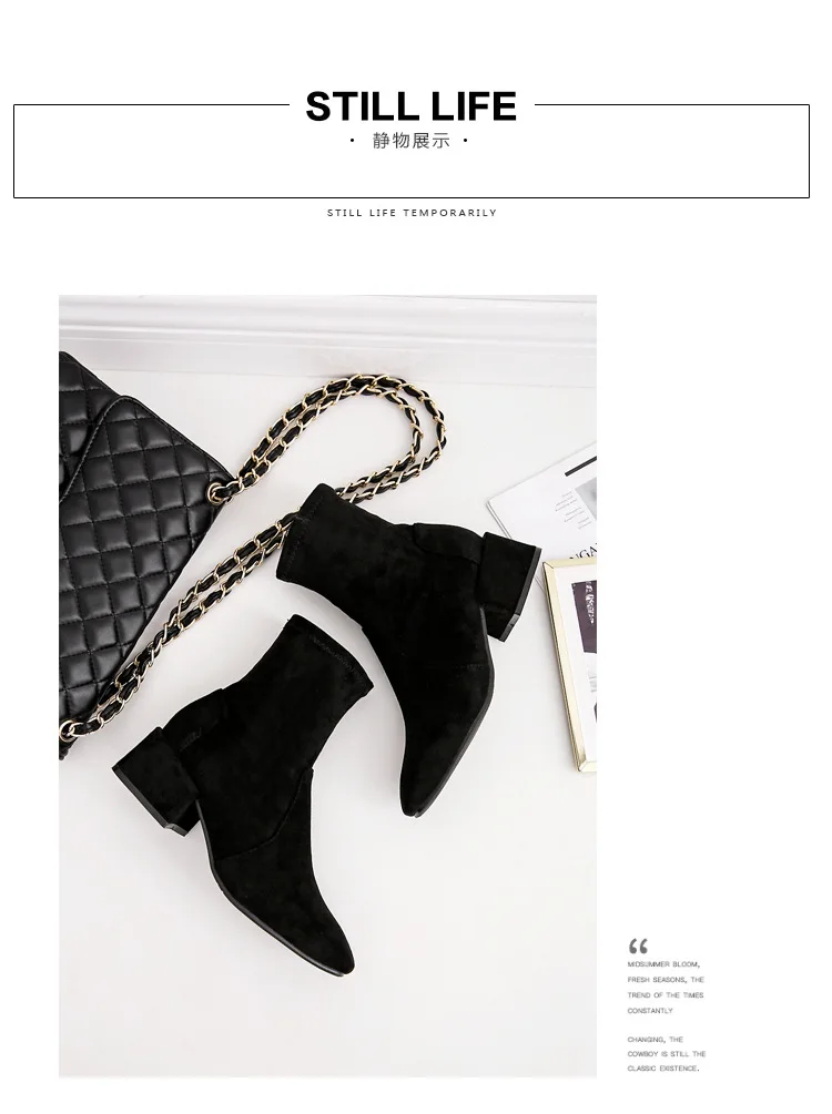 New Fashion Autumn Winter Boots Square Toe Medium Heels Shoes Women's Boots Flock Work Snow Boots Ankle Chelsea Shoes Black