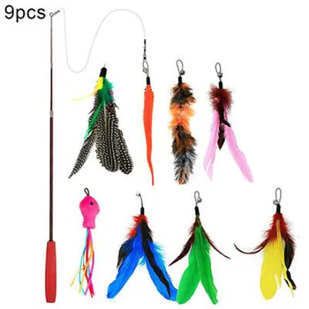 

9Pcs Fishing Rod Play Wand Feather Interactive Fun Toy Kitten Pet Teaser Bell