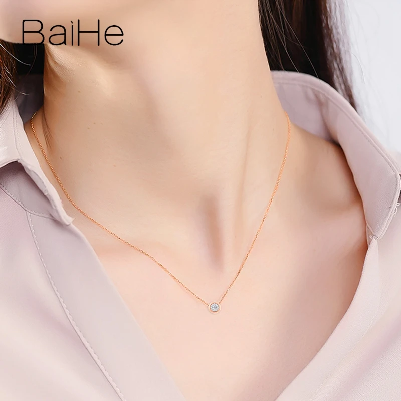 BAIHE Твердые 18 К Роза+ белое золото Сертифицированный круглый 0.03ct/0.06ct/0.10ct натуральный алмаз свадебные модные ювелирные изделия Подарок ожерелья