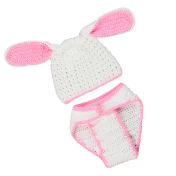 

Unisex Newborn Baby Rabbit Photo Props Knit Corchet Photography Props Outfits Hat Pant - Big Ears Bunny (Pink and White)