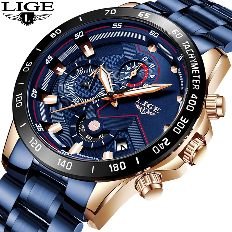 Online Relojes LIGE de moda de negocios azules para hombre reloj de lujo de marca Superior Militar Masculino todo acero resistente al agua reloj de cuarzo reloj Masculino